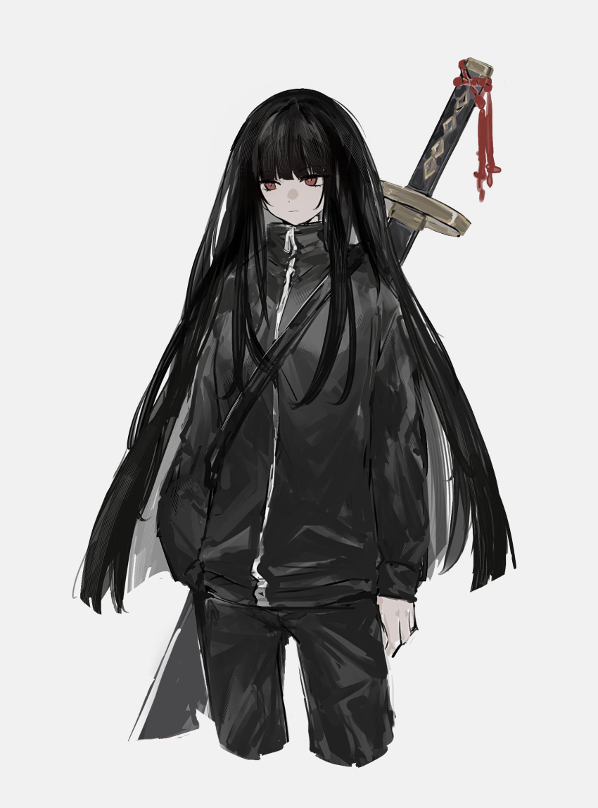 1girl, black_hair, black_jacket, black_pants, blunt_bangs, closed_mouth, cropped_legs, hand_in_pocket