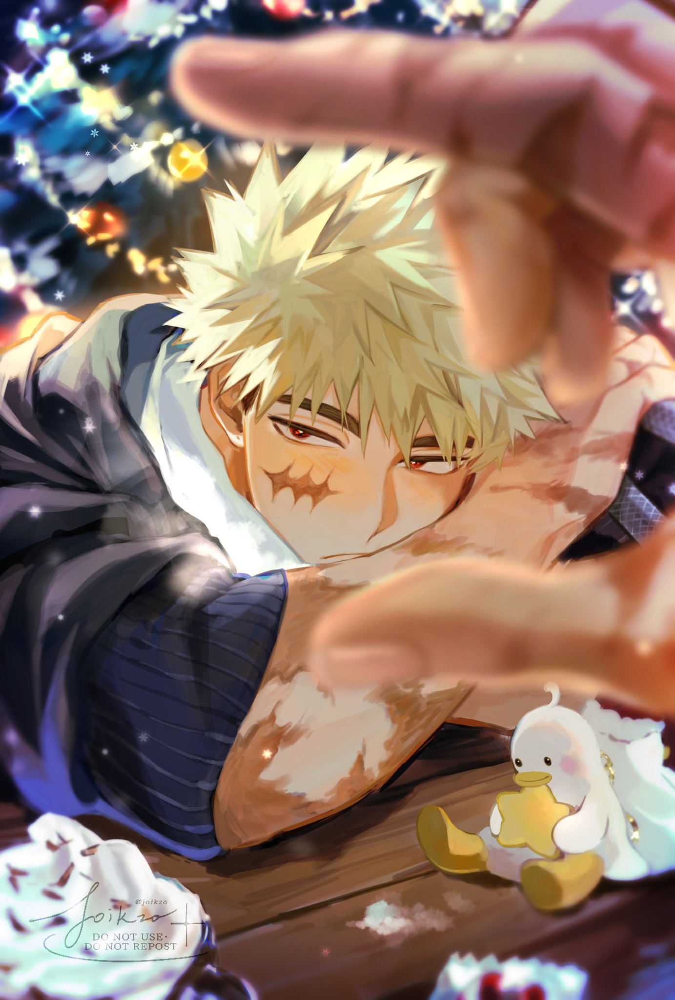2boys, bakugou_katsuki, blonde_hair, boku_no_hero_academia, christmas_tree, commentary, fingernails, highres, joikzo, looking_at_viewer, male_focus, midoriya_izuku, multiple_boys, multiple_scars, out_of_frame, pov, pov_hands, red_eyes, scar, scar_on_arm, scar_on_face, scar_on_hand, short_hair, signature, snowflakes, spiky_hair, symbol-only_commentary, watermark