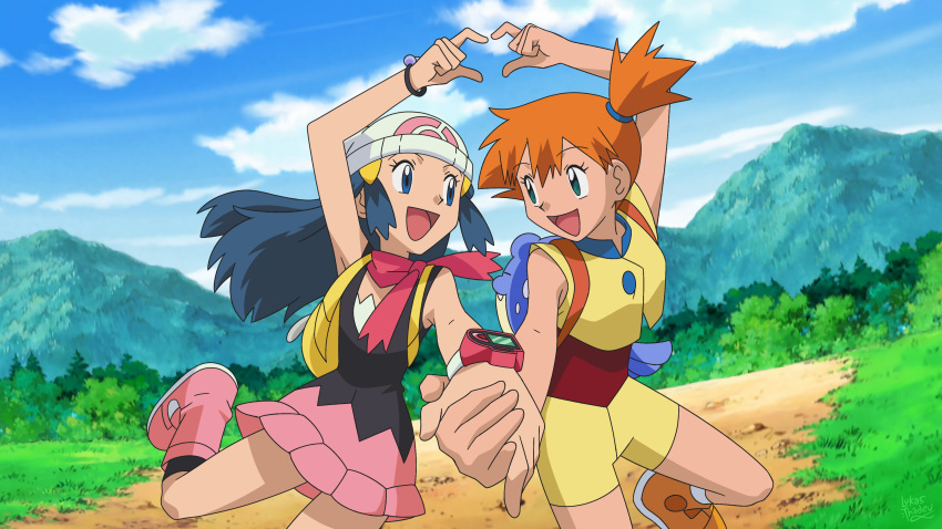 2girls, absurdres, anime_coloring, aqua_eyes, artist_name, backpack, bag, beanie