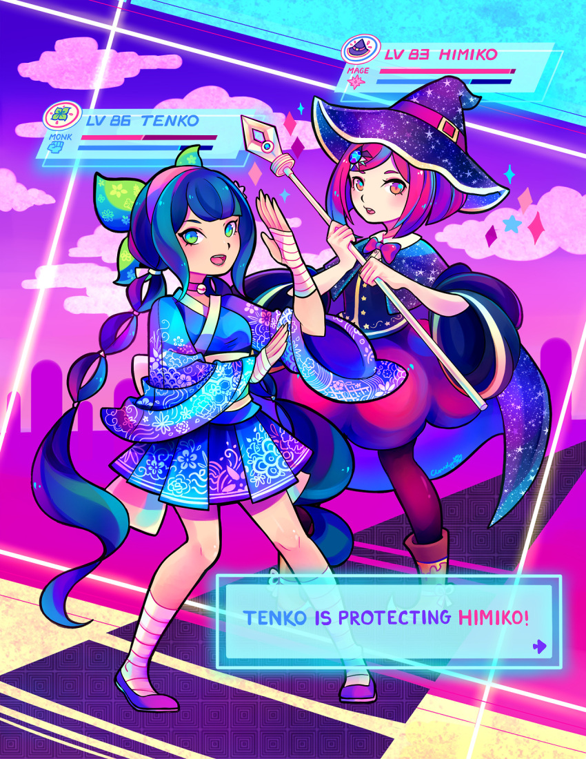 2girls, alternate_costume, aqua_eyes, arrow_(symbol), black_cape, black_hair, black_hat, black_shirt