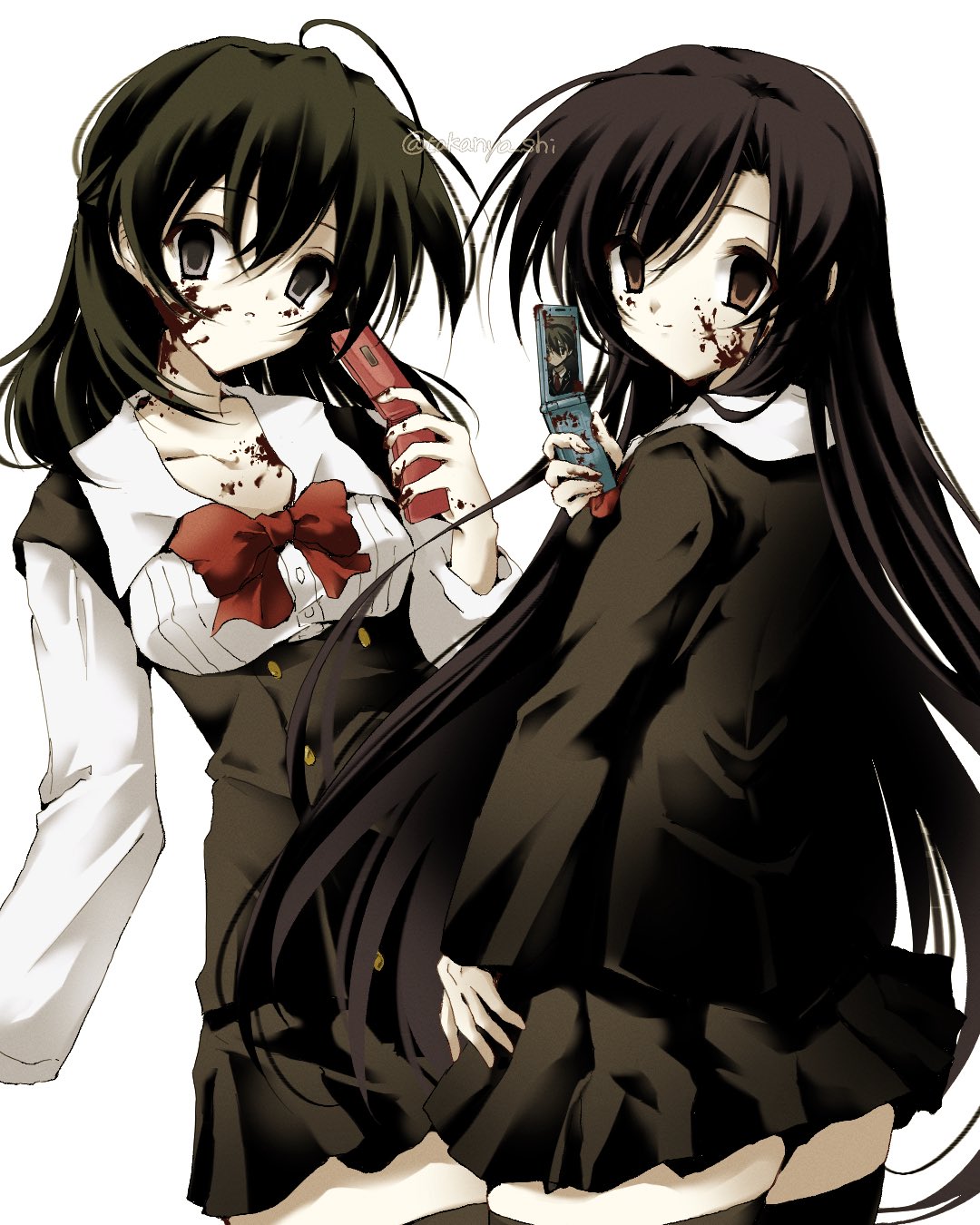 2girls, ahoge, black_eyes, black_hair, black_jacket, black_skirt, black_thighhighs, blood