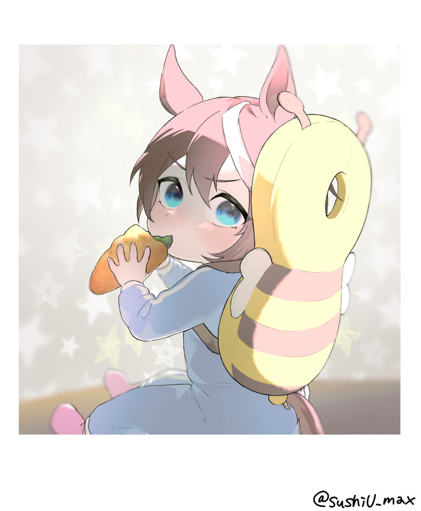 1girl, aged_down, animal_ears, backpack, bag, biting_stuffed_toy, blue_eyes, blue_jumpsuit