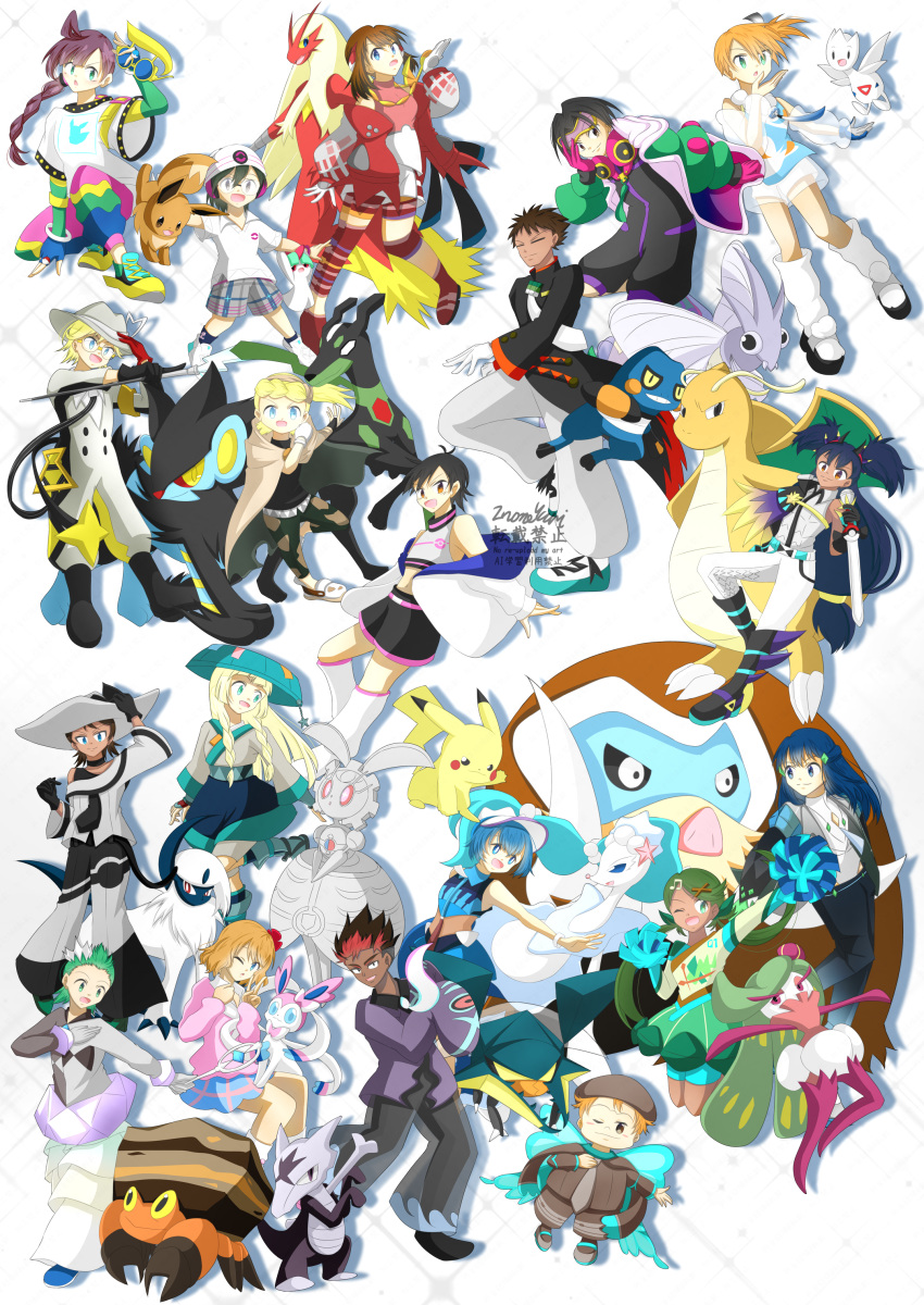 025x3104, 6+boys, 6+girls, absol, absurdres, alolan_marowak, alternate_color, aqua_eyes, aqua_hat, aqua_shorts, ash_ketchum, asymmetrical_gloves, black_boots, black_eyes, black_gloves, black_hair, black_jacket, black_jumpsuit, black_necktie, black_pants, black_sandals, black_shirt, black_shoes, black_shorts, blaziken, blonde_hair, blue_eyes, blue_hair, blue_shirt, blue_socks, blush, bone, bonnie_(pokemon), boots, bracelet, braid, bright_pupils, brown_cloak, brown_eyes, brown_hair, brown_pants, brown_scarf, brown_shirt, bug_miku_(project_voltage), bug_miku_(project_voltage)_(cosplay), butterfly_wings, cane, chloe_(pokemon), cilan_(pokemon), clemont_(pokemon), cloak, closed_eyes, closed_mouth, coat, collared_shirt, colored_sclera, commentary_request, cosplay, croagunk, crop_top, crustle, dark-skinned_female, dark-skinned_male, dark_miku_(project_voltage), dark_miku_(project_voltage)_(cosplay), dark_skin, detached_sleeves, dragon, dragon_miku_(project_voltage), dragon_miku_(project_voltage)_(cosplay), dragon_wings, dragonite, drop_shadow, eevee, electric_miku_(project_voltage), electric_miku_(project_voltage)_(cosplay), fairy_miku_(project_voltage), fairy_miku_(project_voltage)_(cosplay), fighting_miku_(project_voltage), fighting_miku_(project_voltage)_(cosplay), fire_miku_(project_voltage), fire_miku_(project_voltage)_(cosplay), flying_miku_(project_voltage), flying_miku_(project_voltage)_(cosplay), full_body, ghost_miku_(project_voltage), ghost_miku_(project_voltage)_(cosplay), glasses, gloves, goggles, goggles_on_head, goh_(pokemon), grass_miku_(project_voltage), grass_miku_(project_voltage)_(cosplay), green_eyes, green_hair, green_pants, green_shirt, green_shoes, grey_pants, grey_shorts, ground_miku_(project_voltage), ground_miku_(project_voltage)_(cosplay), hair_ornament, hand_on_headwear, hat, hatsune_miku, hatsune_miku_(cosplay), headphones, headphones_around_neck, highres, hikari_(pokemon), holding, holding_bone, holding_cane, holding_pom_poms, holding_removed_eyewear, holding_sword, holding_weapon, ice_miku_(project_voltage), ice_miku_(project_voltage)_(cosplay), insect_wings, iris_(pokemon), jacket, jewelry, jumpsuit, kiawe_(pokemon), lana_(pokemon), lillie_(pokemon), long_hair, loose_socks, luxray, magearna, mallow_(pokemon), mamoswine, mandibles, max_(pokemon), may_(pokemon), medium_hair, midriff, mismatched_gloves, misty_(pokemon), multicolored_hair, multicolored_pants, multiple_boys, multiple_girls, musical_note, musical_note_hair_ornament, necklace, necktie, no_sclera, normal_miku_(project_voltage), normal_miku_(project_voltage)_(cosplay), nostrils, one_eye_closed, open_clothes, open_coat, open_jacket, open_mouth, orange_hair, outstretched_arms, pants, pikachu, pink_eyes, pink_gloves, poison_miku_(project_voltage), poison_miku_(project_voltage)_(cosplay), poke_ball_theme, pokemon, pokemon_(anime), pokemon_(classic_anime), pokemon_(creature), pokemon_bw_(anime), pokemon_dppt_(anime), pokemon_journeys, pokemon_rse_(anime), pokemon_sm_(anime), pokemon_xy_(anime), pom_pom_(cheerleading), primarina, project_voltage, psychic_miku_(project_voltage), psychic_miku_(project_voltage)_(cosplay), puffy_coat, purple-tinted_eyewear, purple_shirt, ralts, red_boots, red_eyes, red_hair, red_jacket, red_sclera, robot, rock_miku_(project_voltage), rock_miku_(project_voltage)_(cosplay), round_eyewear, sandals, scarf, serena_(pokemon), shiny_pokemon, shirt, shoes, short_hair, short_sleeves, shorts, shorts_under_skirt, side_ponytail, signatue, simple_background, single_bare_shoulder, single_braid, sleeves_past_fingers, sleeves_past_wrists, smile, socks, sophocles_(pokemon), spiky_hair, split-color_clothes, spread_arms, steel_miku_(project_voltage), steel_miku_(project_voltage)_(cosplay), sword, sylveon, teeth, tiara, tinted_eyewear, togetic, tracey_sketchit, tsareena, tusks, twin_braids, twintails, two-tone_eyebrows, two-tone_hair, two-tone_pants, unworn_eyewear, v-shaped_eyebrows, v-shaped_eyes, venomoth, very_long_hair, vikavolt, vocaloid, water_miku_(project_voltage), water_miku_(project_voltage)_(cosplay), watermark, weapon, white_background, white_boots, white_gloves, white_hat, white_jacket, white_necktie, white_pants, white_pupils, white_shirt, white_shoes, white_socks, wide_brim, wings, yellow-framed_eyewear, yellow_eyes, yellow_pupils, yellow_sclera, zygarde, zygarde_(10)
