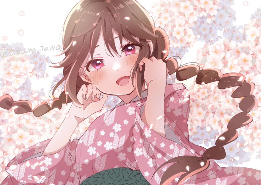 1girl, artist_name, braid, brown_hair, commentary_request, floral_print, floral_print_kimono, flower