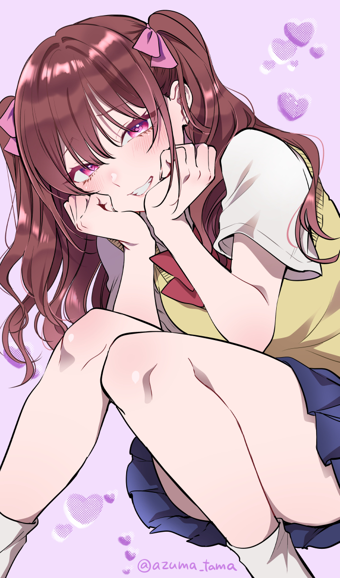 1girl, 2.5_jigen_no_ririsa, artist_name, blue_skirt, brown_hair, commentary_request, feet_out_of_frame, grin, hands_on_own_chest, heart, heart_background, long_hair, looking_at_viewer, norarikurari333, pink_background, pink_eyes, pleated_skirt, school_uniform, shirt, sitting, skirt, smile, socks, solo, summer_uniform, sweater_vest, tachibana_mikari, twintails, twitter_username, two_side_up, white_shirt, white_socks, yellow_sweater_vest
