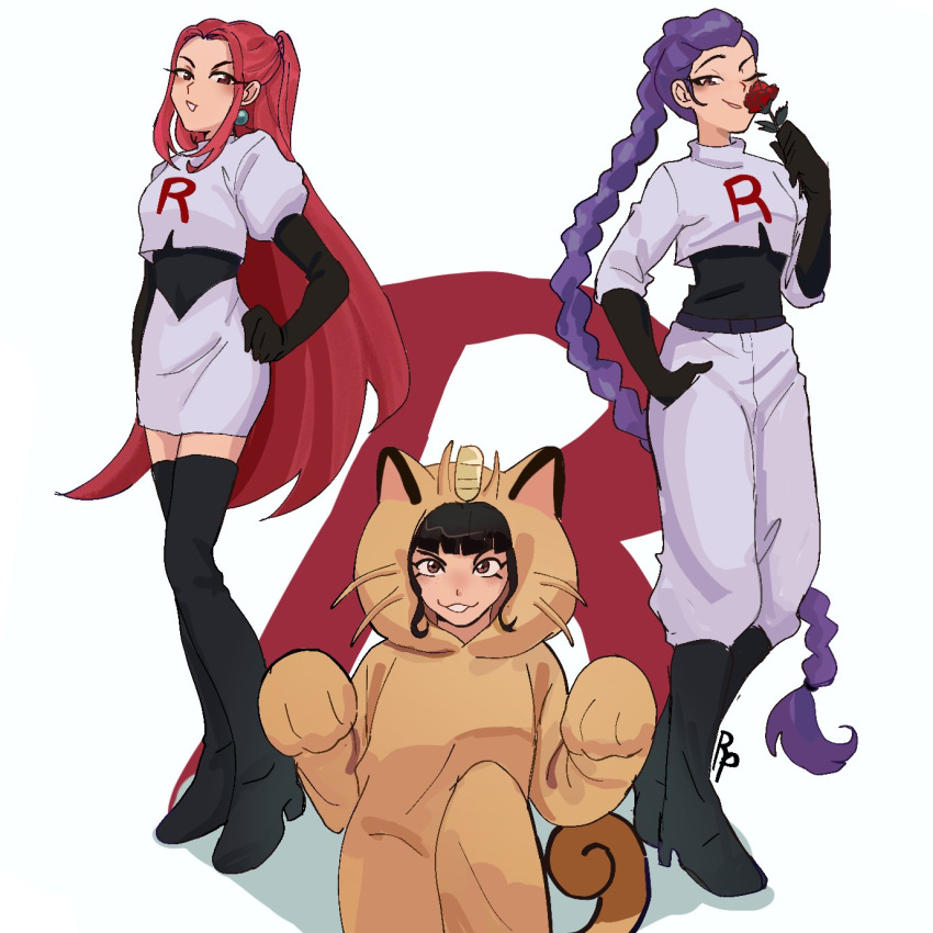 3girls, absurdly_long_hair, animal_costume, black_gloves, black_hair, blunt_bangs, boots, braid, braided_ponytail, brown_eyes, cosplay, crop_top, dutch_braided_ponytail, earrings, elbow_gloves, gloves, highres, james_(pokemon), james_(pokemon)_(cosplay), jessie_(pokemon), jessie_(pokemon)_(cosplay), jewelry, kpop_demon_hunters, long_hair, looking_at_viewer, meowth, meowth_(cosplay), mira_(kpop_demon_hunters), multiple_girls, paw_pose, pink_hair, pokemon, pokemon_costume, purple_hair, realyskp, rumi_(kpop_demon_hunters), short_bangs, sidelocks, simple_background, single_letter, skirt, smile, sphere_earrings, team_rocket, team_rocket_uniform, thigh_boots, undershirt, very_long_hair, white_skirt, zoey_(kpop_demon_hunters)
