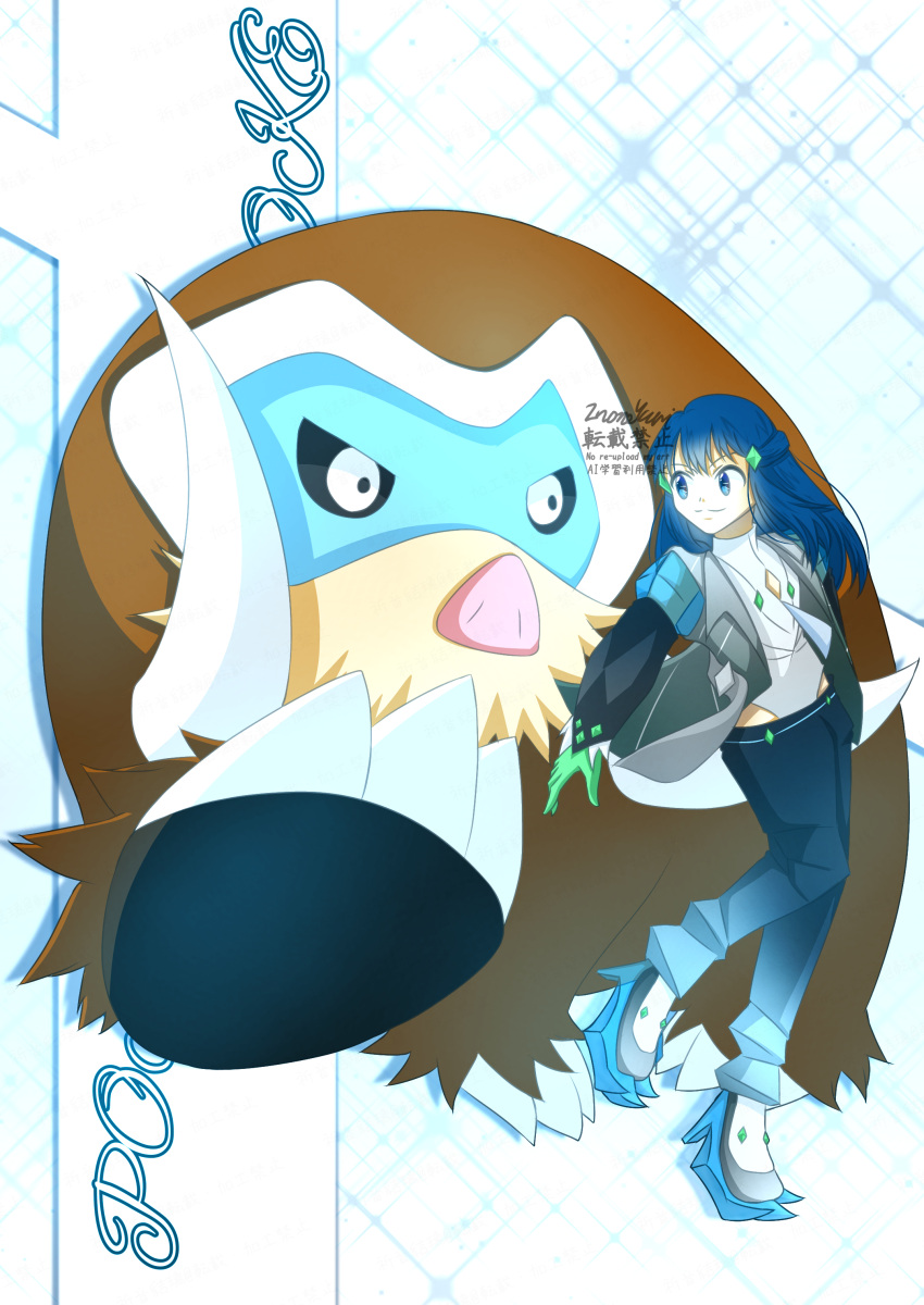 025x3104, absurdres, blue_eyes, blue_hair, blue_pants, closed_mouth, clothing_cutout, commentary_request