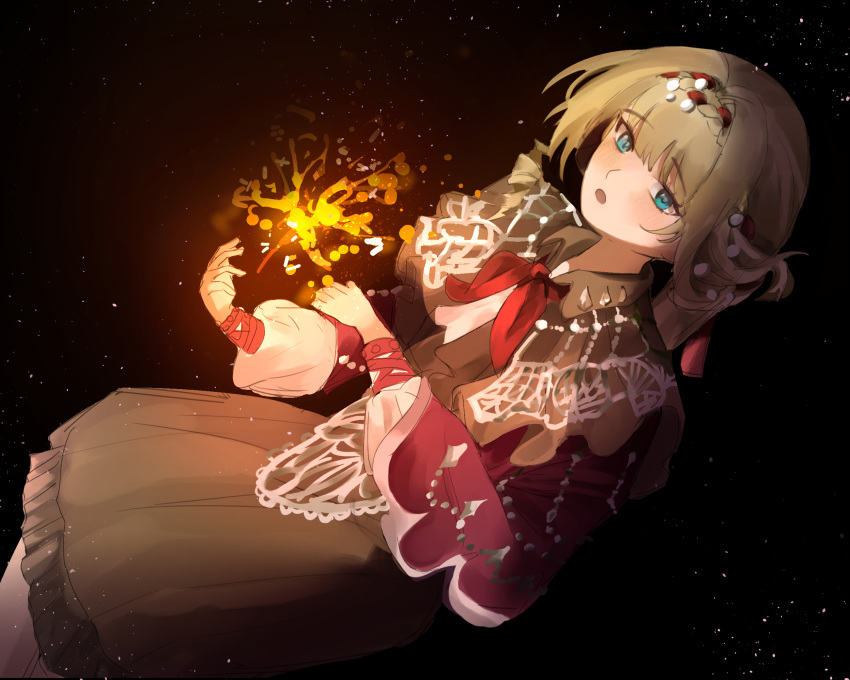 1girl, :o, autumn_(autumn_546), blonde_hair, blue_eyes, braid, braided_bangs, brown_dress