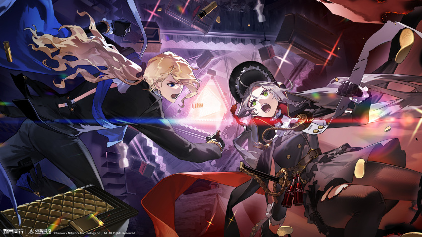 1boy, 1girl, absurdres, aiguillette, angry, black_coat, black_dress, black_gloves