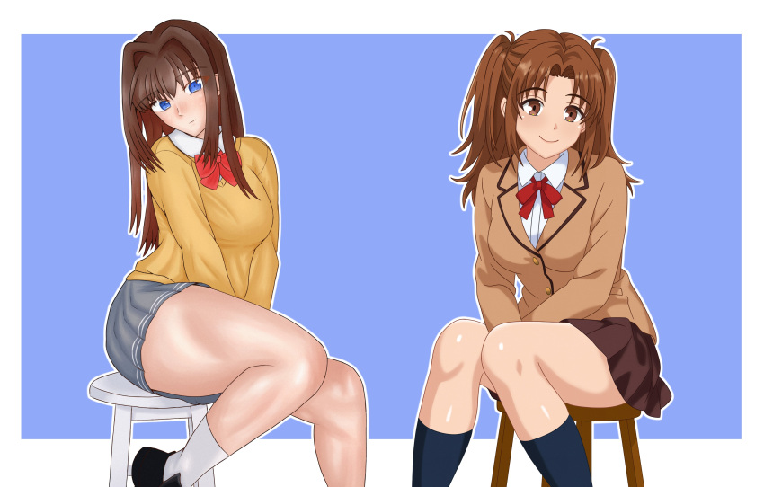 2girls, absurdres, aozaki_aoko, artist_collaboration, blue_eyes, blush, bow, breasts