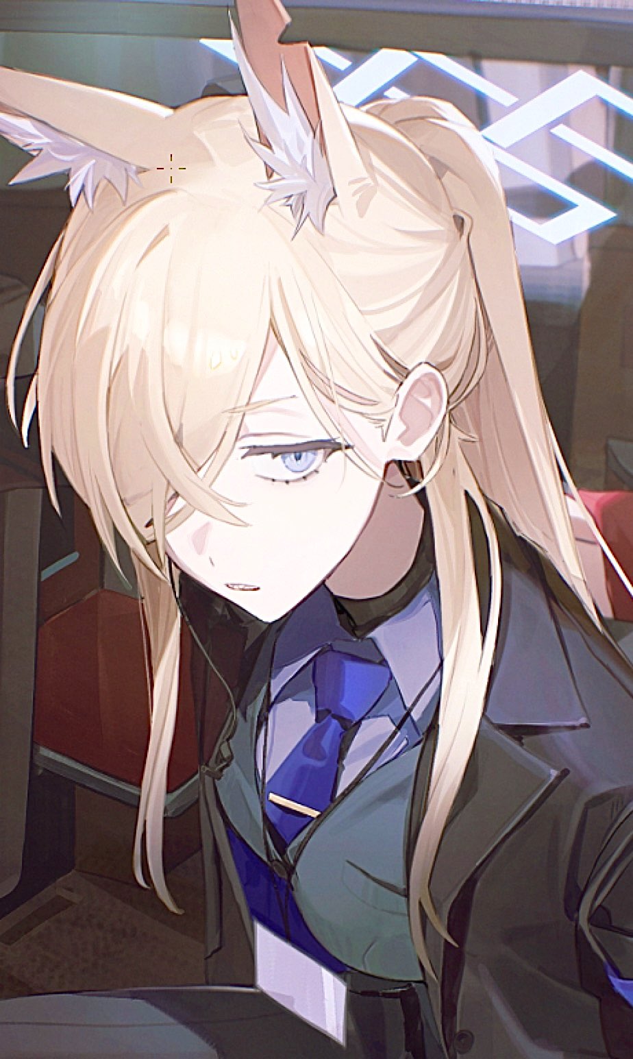 alternate_costume, animal_ear_fluff, black_coat, blonde_hair, blue_archive, blue_eyes, blue_halo, blue_necktie, coat, comiket_107, commentary, cropped, crossed_bangs, dog_hair, flatshi, grey_jacket, grey_suit, hair_over_one_eye, halo, highres, jacket, jewelry, lapels, long_hair, long_sidelocks, looking_at_viewer, necklace, necktie, notched_lapels, open_clothes, open_coat, ponytail, shirt, sidelocks, sitting, solo, suit, suit_jacket, symbol-only_commentary, undershirt, white_shirt