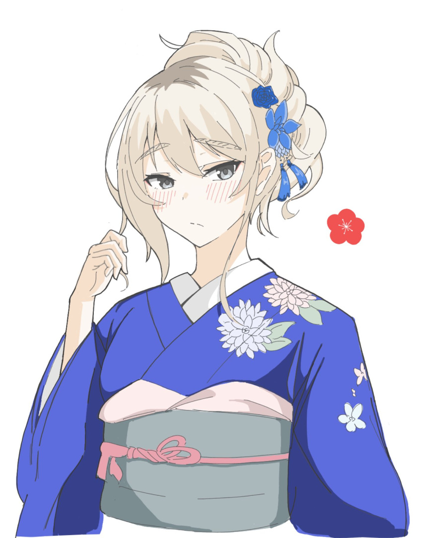 1girl, blue_kimono, blush, closed_mouth, commentary_request, flower, folded_ponytail, girls_band_cry