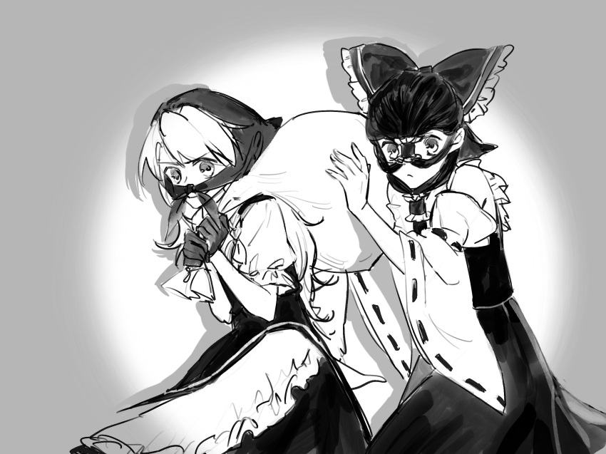 2girls, aihara-rina, apron, bow, braid, burglar, chinese_commentary, closed_mouth