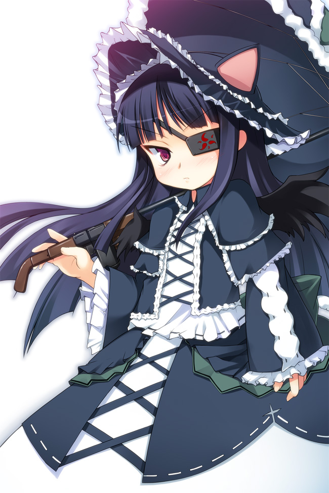 black_hair, bonnet, cat_ears, character_request, dress, eyepatch, frills, gothic_lolita