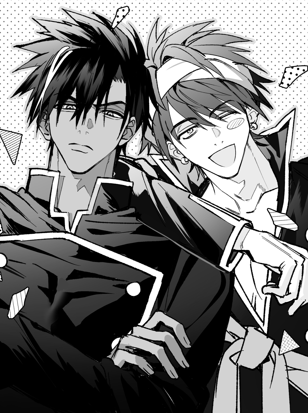 2boys, arm_on_another's_shoulder, closed_mouth, collarbone, collared_shirt, commentary_request, crossed_arms, earrings