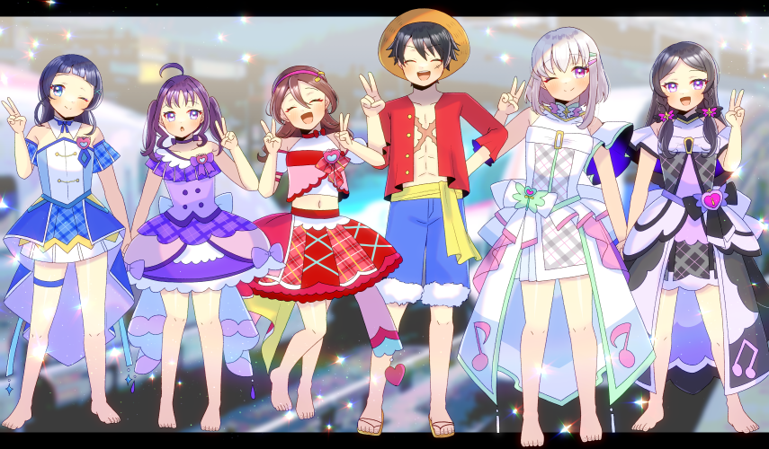 1boy, 5girls, :d, ;), ^_^, aokaze_nana, bare_shoulders, black_hair