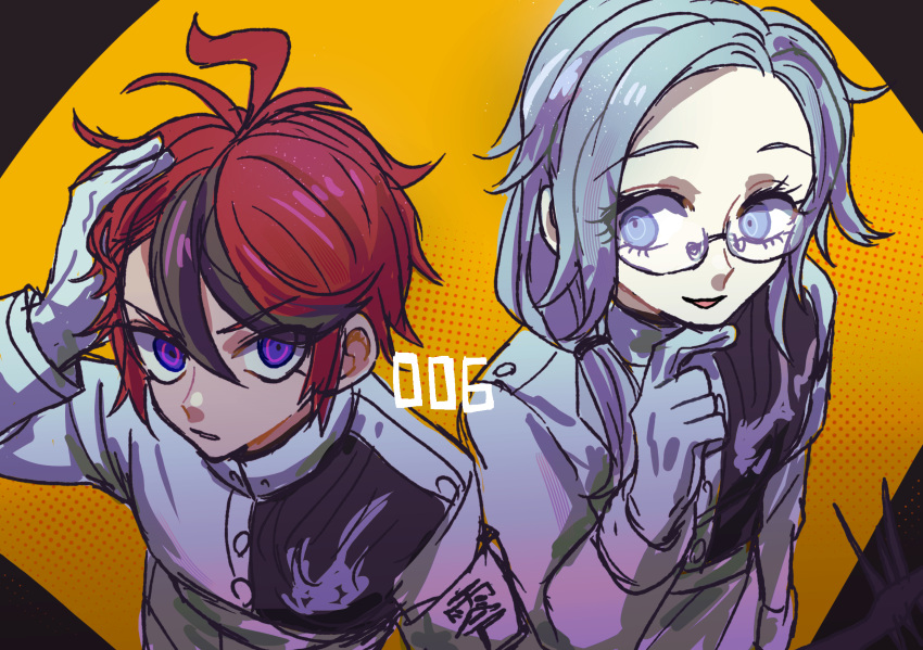 2boys, ahoge, alternate_hairstyle, aotsuki_eito, armband, black_background, black_streaks, blue_eyes