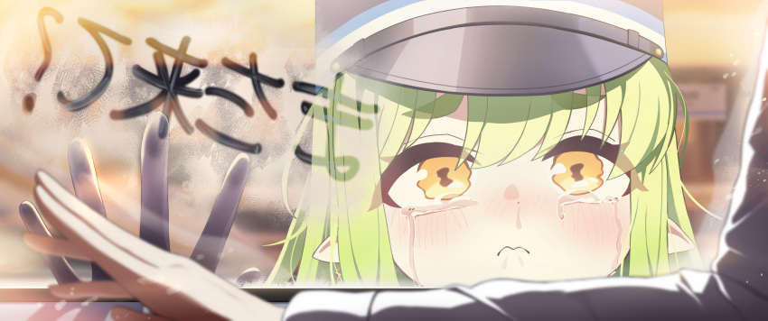 1boy, 1girl, against_glass, black_hat, blue_archive, blush, commentary_request, crying