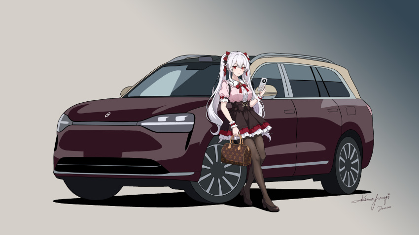 1girl, absurdres, airbus_a350xwb, bag, black_skirt, bow, breasts, brown_background