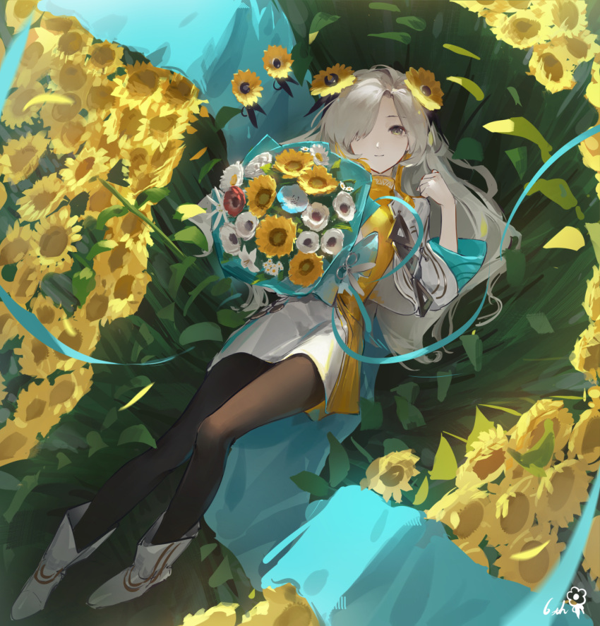 1girl, blue_flower, boots, bouquet, brown_eyes, brown_pantyhose, closed_mouth, commentary_request