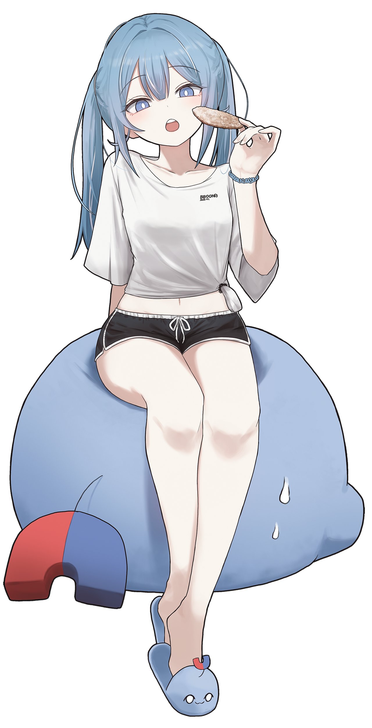 1girl, absurdres, arahashi_tabi, arm_up, blue_eyes, bright_pupils, commentary_request, creature