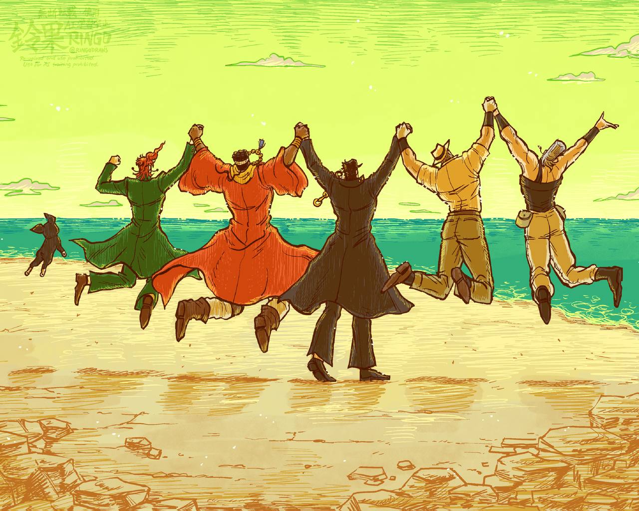 5boys, animal, arms_up, beach, black_hair, bracelet, coat, commentary_request
