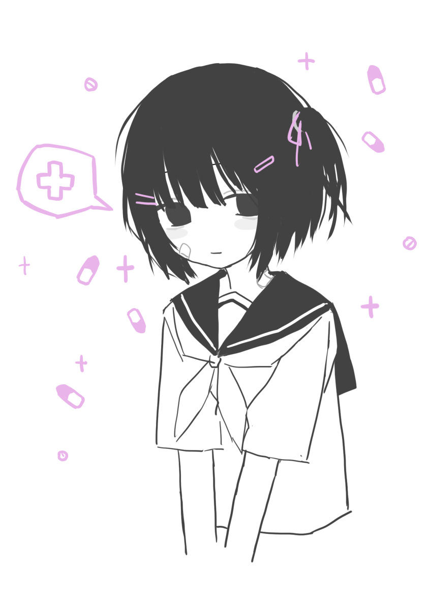 1girl, bandaid, bandaid_on_cheek, bandaid_on_face, bandaid_on_neck, black_eyes, black_hair, blush_stickers