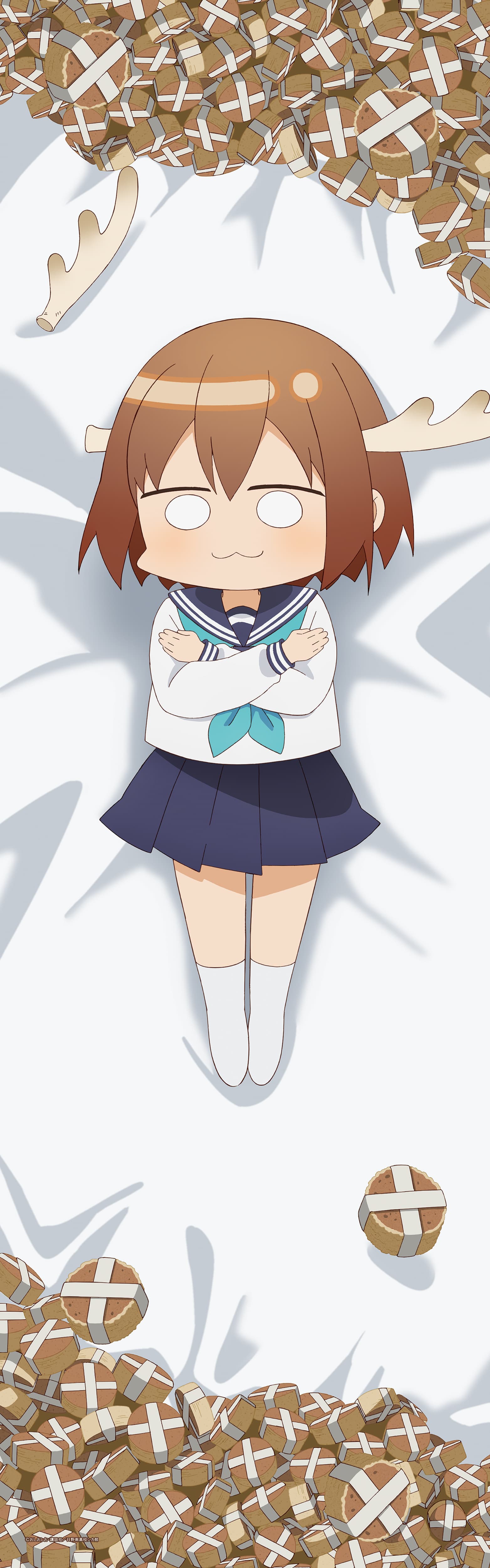 1girl, :3, absurdres, antlers, aqua_neckerchief, blue_sailor_collar, blue_skirt, broken_antler, brown_hair, chibi, chibi_only, closed_mouth, commentary_request, dakimakura_(medium), deer_antlers, deer_cracker, deer_girl, full_body, highres, hino_minami_high_school_uniform, horns, long_sleeves, looking_at_viewer, lying, neckerchief, no_shoes, o_o, official_art, on_back, pleated_skirt, sailor_collar, school_uniform, serafuku, shikanoko_noko, shikanoko_nokonoko_koshitantan, shirt, short_hair, skirt, socks, solo, white_background, white_shirt, white_socks