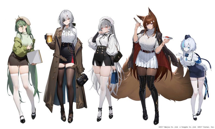 5girls, absurdres, amagi_(azur_lane), animal_ears, arm_behind_back, azur_lane, bag, beer_mug