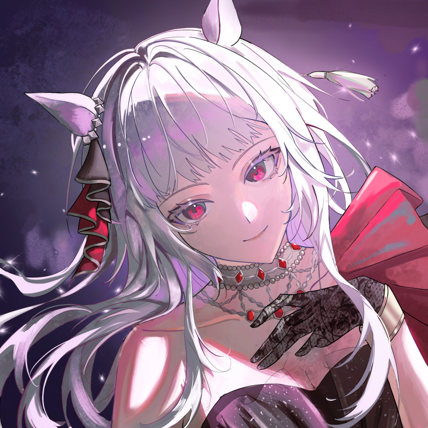 1girl, 719552599, animal_ears, black_dress, black_gloves, black_ribbon, chinese_commentary, closed_mouth