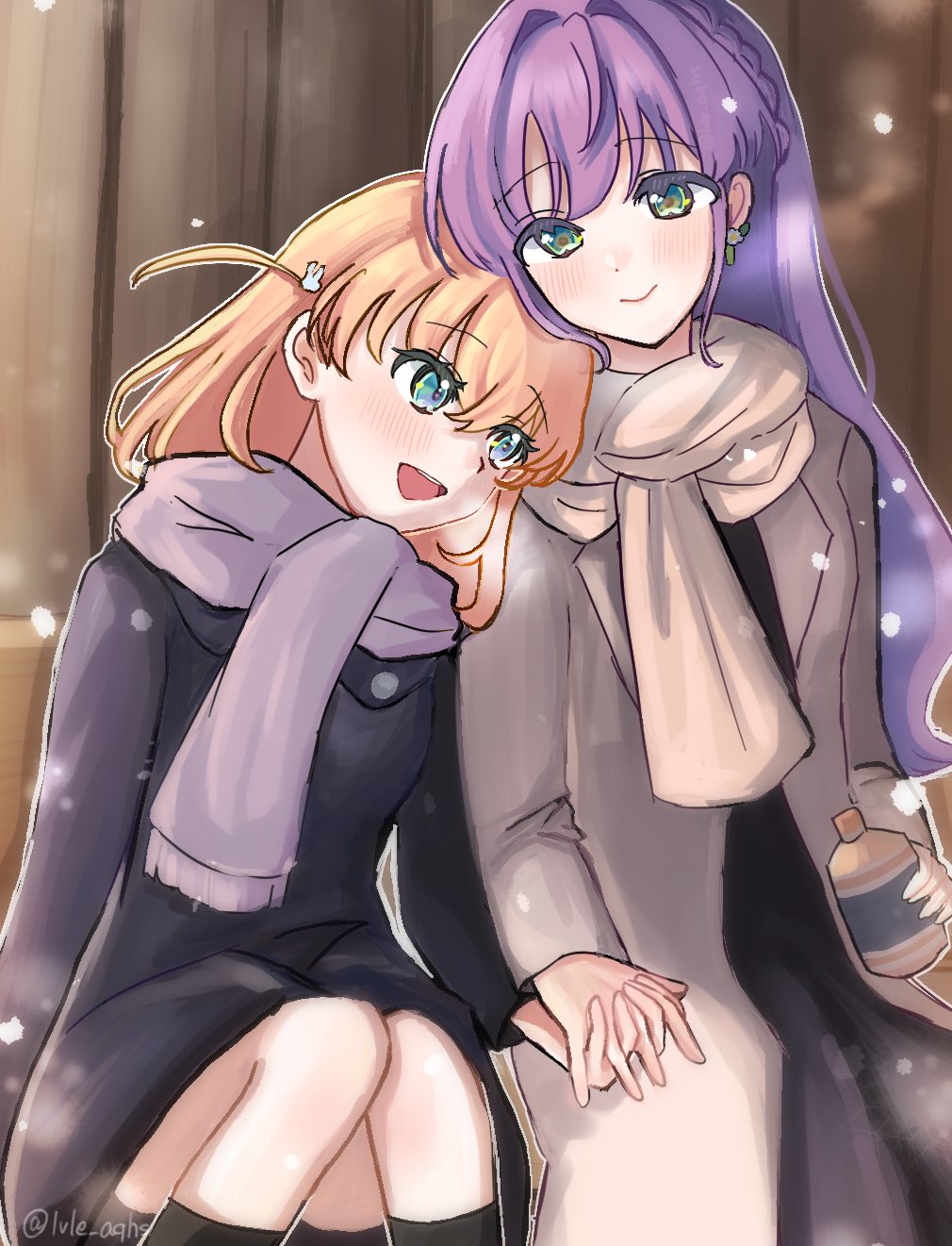 2girls, black_coat, blue_eyes, bottle, bourei_(lvle_aqhs), braid, brown_coat, brown_scarf