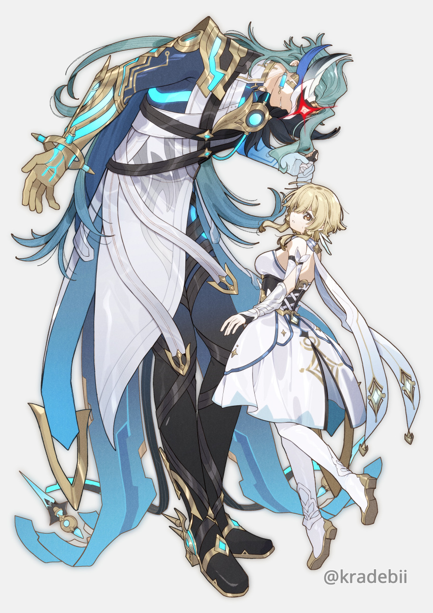 1boy, 1girl, absurdres, black_pants, blonde_hair, blue_cape, blue_hair, boots, breasts, cape, chest_height, commentary, detached_sleeves, dottore_(genshin_impact), dress, english_commentary, eye_mask, genshin_impact, gold_trim, grin, height_difference, highres, kradebii, long_hair, looking_at_another, looking_at_viewer, lumine_(genshin_impact), mask, medium_breasts, mixed-language_commentary, pants, scarf, short_hair_with_long_locks, simple_background, smile, twitter_username, white_background, white_boots, white_dress, white_scarf, white_sleeves, yellow_eyes