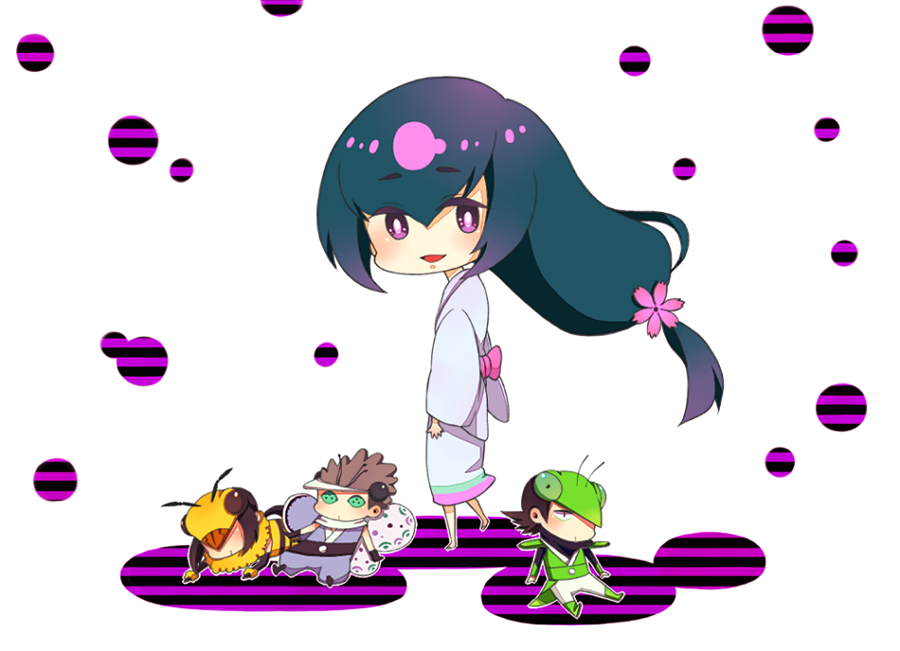 green_eyes, green_hair, hair_ornament, hornet, ikeyaso, japanese_clothes, katana, katanagatari, kimono, leaf, long_hair, maniwa_chouchou, maniwa_kamakiri, maniwa_mitsubachi, mask, orange_hair, praying_mantis, purple_eyes, sword, violet_eyes, weapon, yasuri_nanami