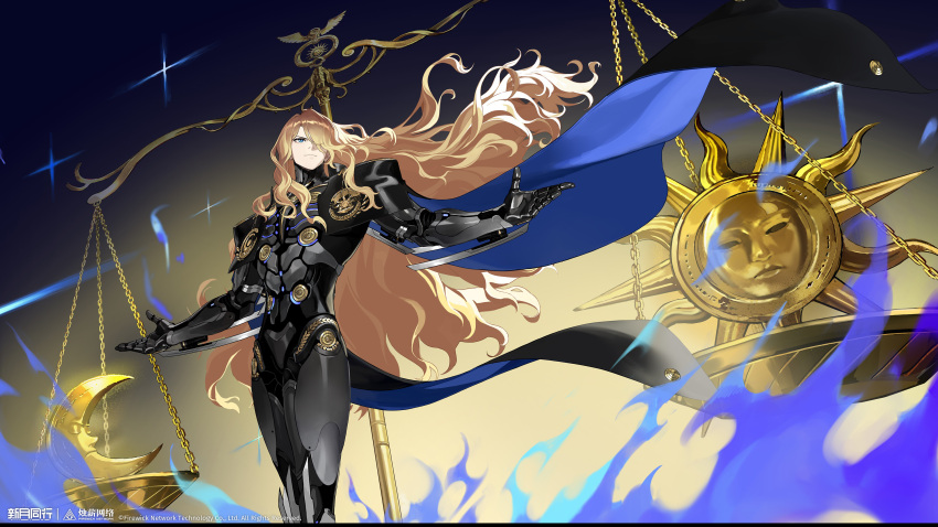absurdres, armor, balance_scale, black_armor, black_background, blonde_hair, blue_cape, blue_eyes, cape, closed_mouth, copyright_name, copyright_notice, floating_cape, floating_hair, gradient_background, hair_over_one_eye, heizu_(xinyue_tongxing), highres, logo, long_hair, looking_up, official_art, official_wallpaper, one_eye_covered, outstretched_arms, power_armor, solo, sparkle, spread_arms, very_long_hair, weighing_scale, xinyue_tongxing, yellow_background
