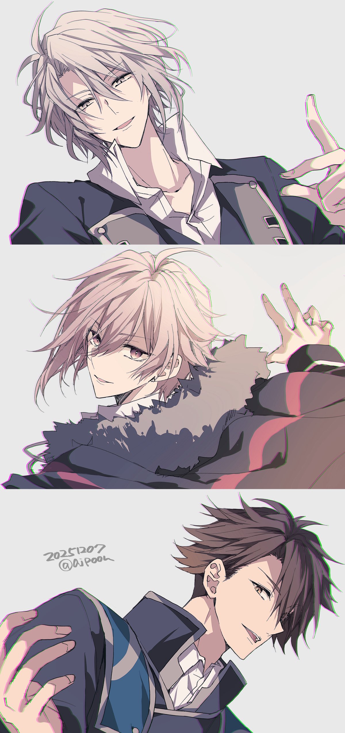 3boys, absurdres, brown_hair, collared_shirt, commentary, curtained_hair, dated, fingernails