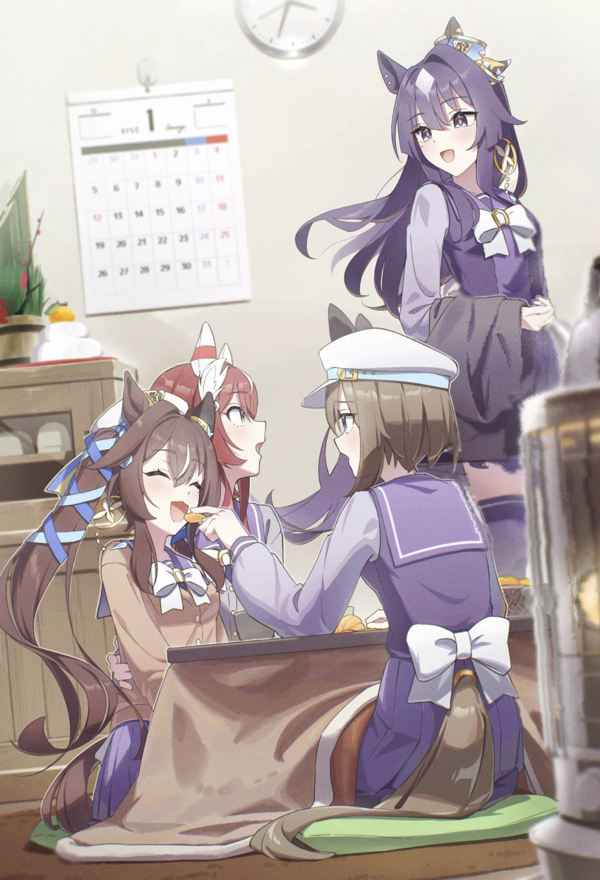 4girls, absurdres, animal_ears, auklet5580, beret, blue_eyes, blue_hair, blue_ribbon, blush, bow, bowtie, breasts, brown_cardigan, brown_hair, calendar_(object), cardigan, cheval_grand_(umamusume), clock, closed_eyes, commentary_request, cushion, ear_covers, ear_ornament, ears_through_headwear, eating, feather_hair_ornament, feathers, feeding, food, fruit, green_eyes, hair_between_eyes, hair_ornament, hat, hat_belt, highres, horse_ears, horse_girl, horse_tail, kagami_mochi, kotatsu, long_hair, mandarin_orange, mole, mole_under_eye, multicolored_hair, multiple_girls, open_mouth, orange_peel, peaked_cap, pleated_skirt, purple_sailor_collar, purple_serafuku, purple_shirt, purple_skirt, red_hair, ribbon, sailor_collar, sailor_shirt, school_uniform, serafuku, shirt, siblings, single_ear_cover, sisters, skirt, smile, streaked_hair, table, tail, tracen_school_uniform, twintails, umamusume, under_kotatsu, under_table, v_sisters, verxina_(umamusume), violet_eyes, vivlos_(umamusume), white_bow, white_bowtie, white_hair, white_hat, win_variation_(umamusume), zabuton