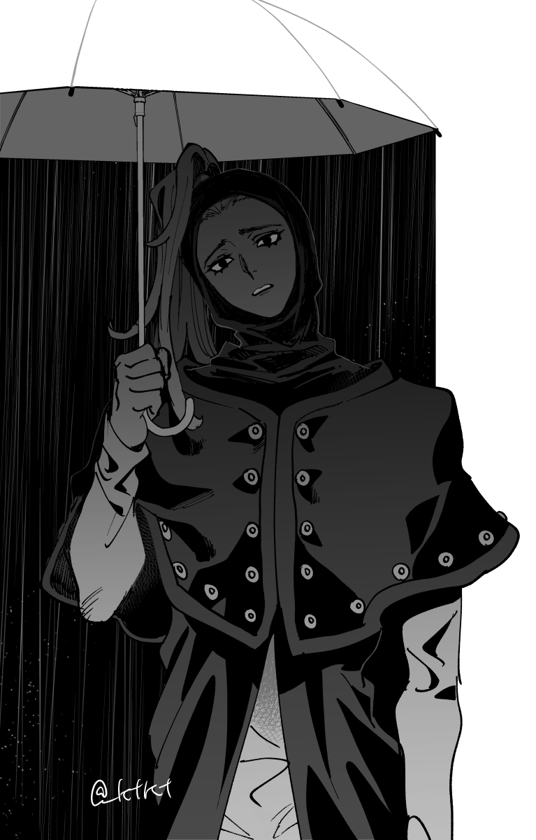 1boy, blackmore, commentary_request, cowboy_shot, greyscale, highres, holding, holding_umbrella