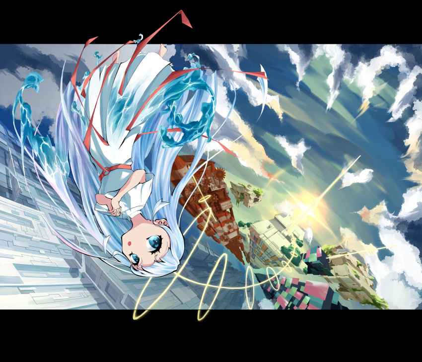 1girl, 70_sodium, :o, absurdres, barefoot, belt, blue_eyes, blue_hair