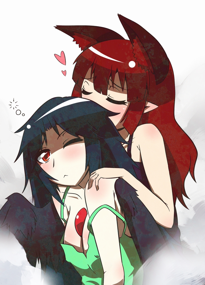 alternate_hairstyle, animal_ears, bare_shoulders, black_wings, blush, breasts, cat_ears, cleavage, closed_eyes, collarbone, extra_ears, eyes_closed, hair_down, heart, heikouidou_(seraeno), kaenbyou_rin, long_hair, multiple_girls, pointy_ears, red_eyes, reiuji_utsuho, strap_slip, third_eye, touhou, wings, wink, yuri