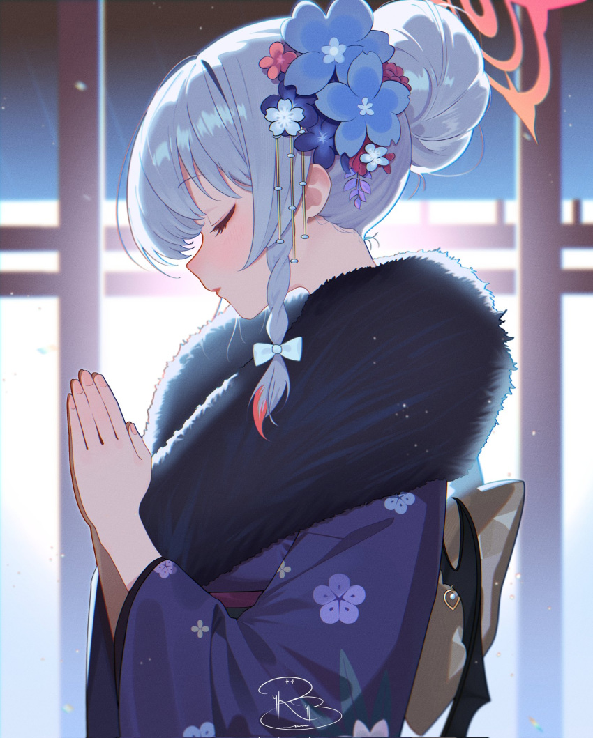 1girl, blue_archive, braid, closed_eyes, floral_print, flower, from_side, fur_collar