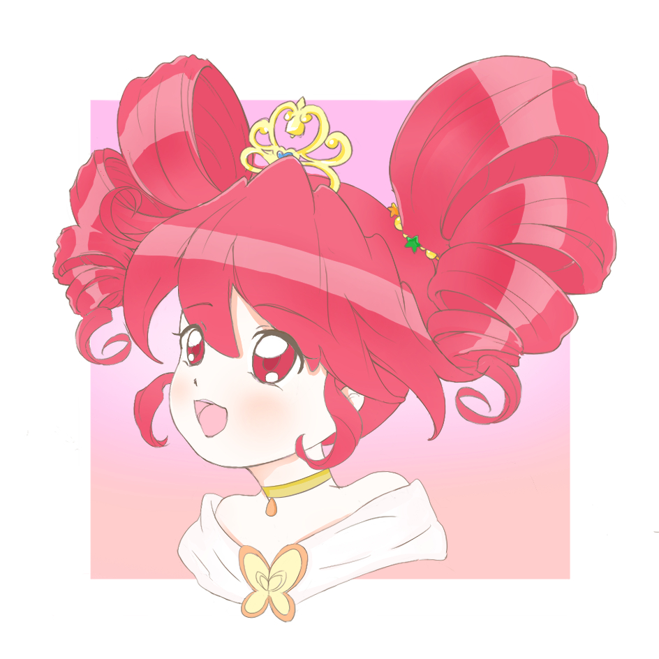 1girl, :d, ahoge, bare_shoulders, blush, border, brooch, butterfly_brooch