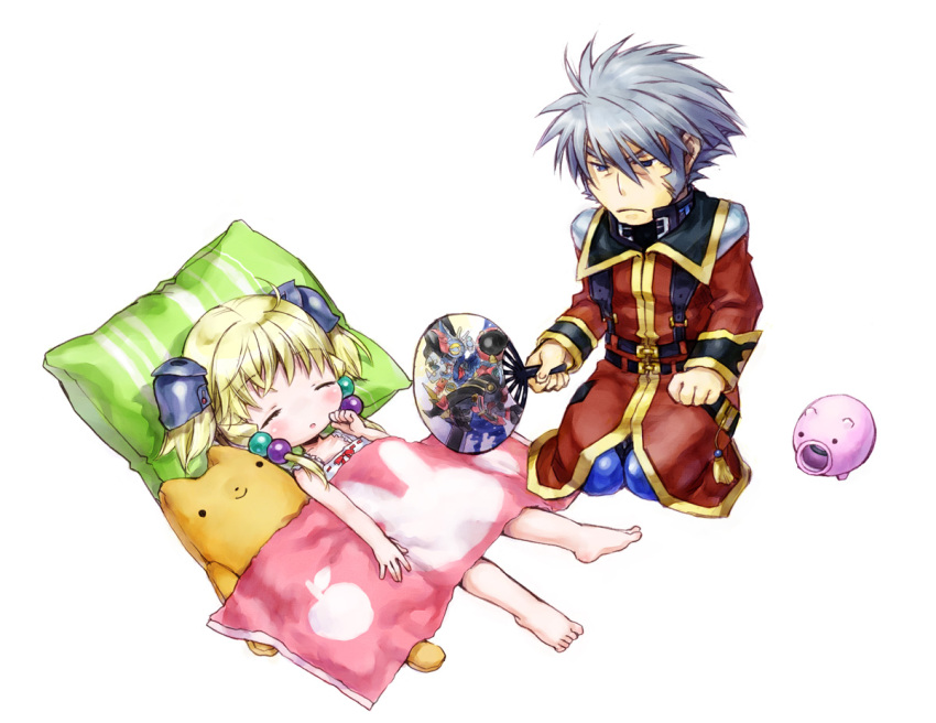 1girl, aussenseiter, barefoot, blanket, blonde_hair, blue_eyes, chibi, dygenguar, fan, frown, grey_hair, irui_guneden, nakamura_kanko, pillow, sanger_zonvolt, seiza, short_twintails, simple_background, sitting, sleeping, stuffed_toy, super_robot_wars, super_robot_wars_original_generation, twintails
