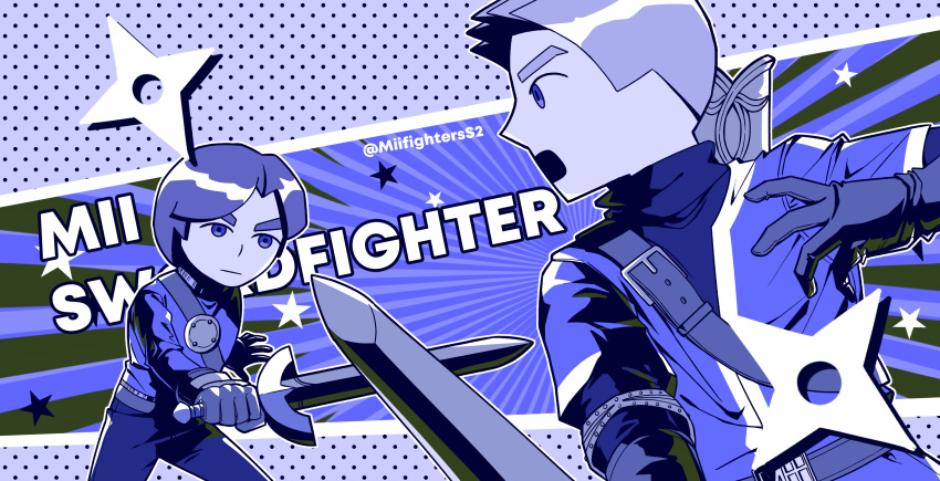 2boys, belt, blue_eyes, blue_theme, bodysuit, bow_(weapon), closed_mouth, commentary