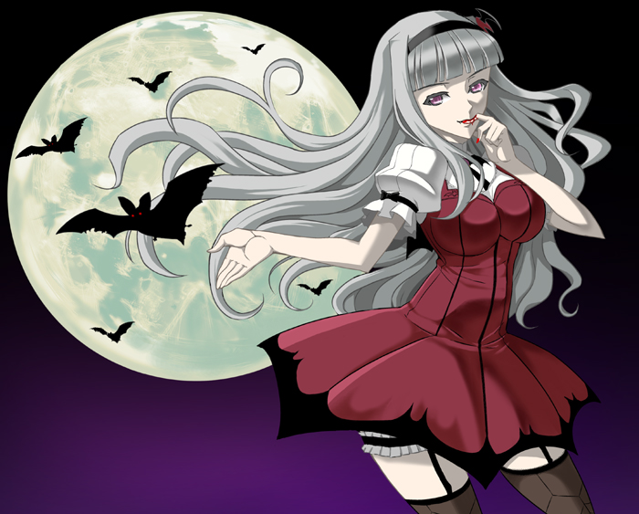 azuma_reiharu, bat, blood, breasts, dress, full_moon, garter_straps, grin