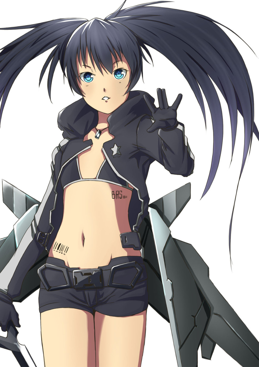 barcode, bikini_top, black_hair, black_rock_shooter, black_rock_shooter_(character), black_rock_shooter_(game), blue_eyes, coat, gloves, highres, kimmt, long_hair, mechanical_wings, midriff, navel, paintedmike, shorts, simple_background, solo, symbol-shaped_pupils, tattoo, twintails, wings