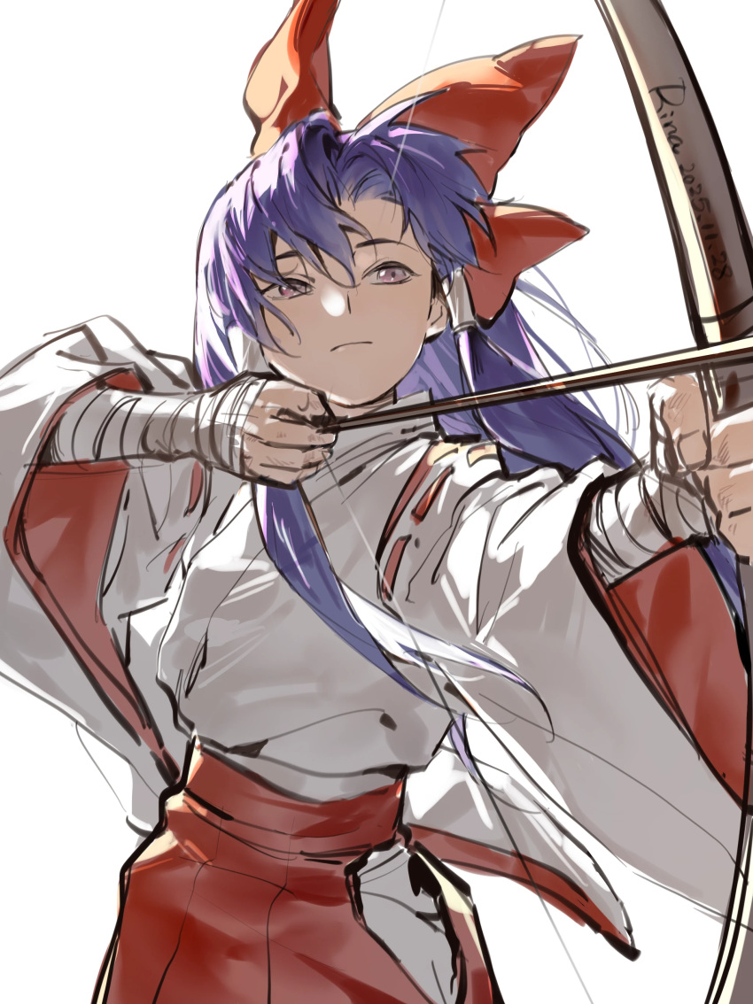 1girl, absurdres, aihara-rina, arrow_(projectile), bandaged_arm, bandages, bow, bow_(weapon)
