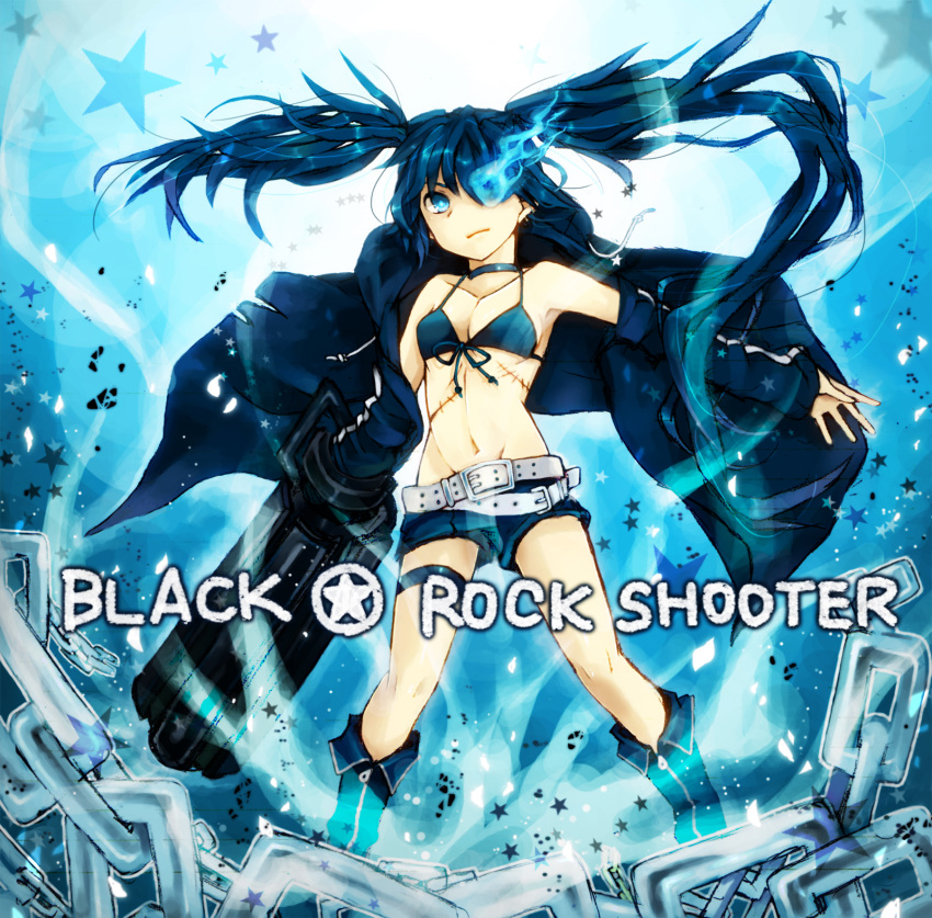 arm_cannon, bikini_top, black_hair, black_rock_shooter, black_rock_shooter_(character), blue_eyes, blue_flame, boots