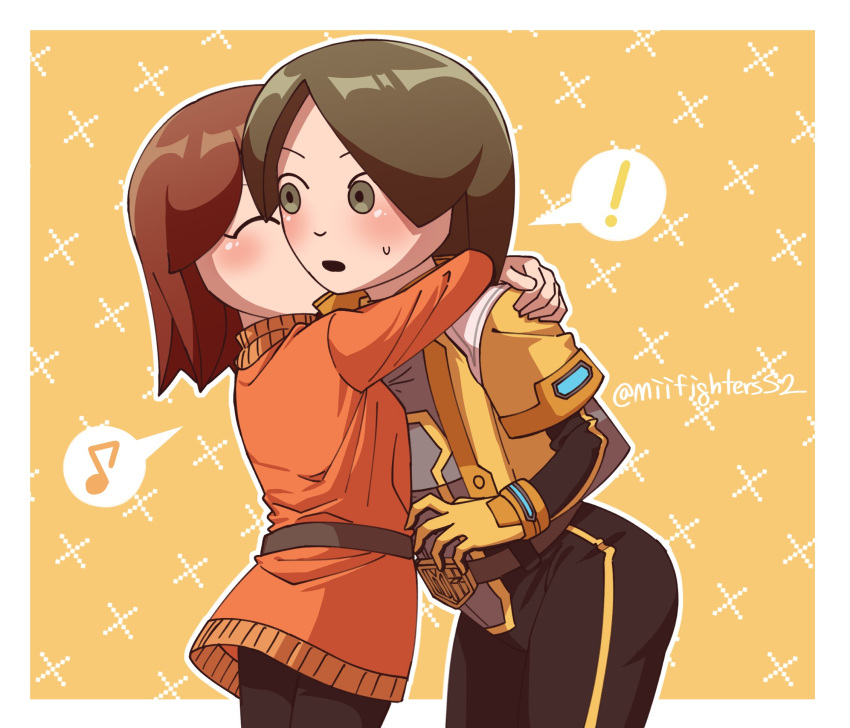 !, 2girls, arms_around_neck, belt, black_bodysuit, black_pants, blush, bodysuit, bodysuit_under_clothes, breasts, brown_eyes, brown_hair, closed_eyes, commentary_request, dress, eighth_note, gloves, highres, hug, jacket, jumpsuit, kiss, kissing_cheek, korean_commentary, leaning_forward, medium_hair, mii_(nintendo), mii_gunner, mii_gunner_(smash_4), mii_gunner_(smash_ultimate), miifighterss2, mother_and_daughter, multiple_girls, musical_note, nintendo, open_clothes, open_jacket, open_mouth, orange_gloves, orange_jacket, pants, red_hair, size_difference, speech_bubble, spoken_exclamation_mark, spoken_musical_note, super_smash_bros., surprised, sweatdrop, sweater, twitter_username, yellow_gloves, yellow_jacket, yuri