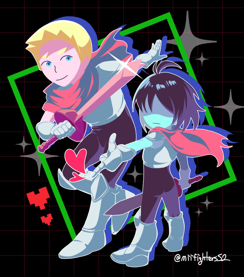 1boy, 1other, absurdres, androgynous, antenna_hair, armor, armored_boots, artist_name