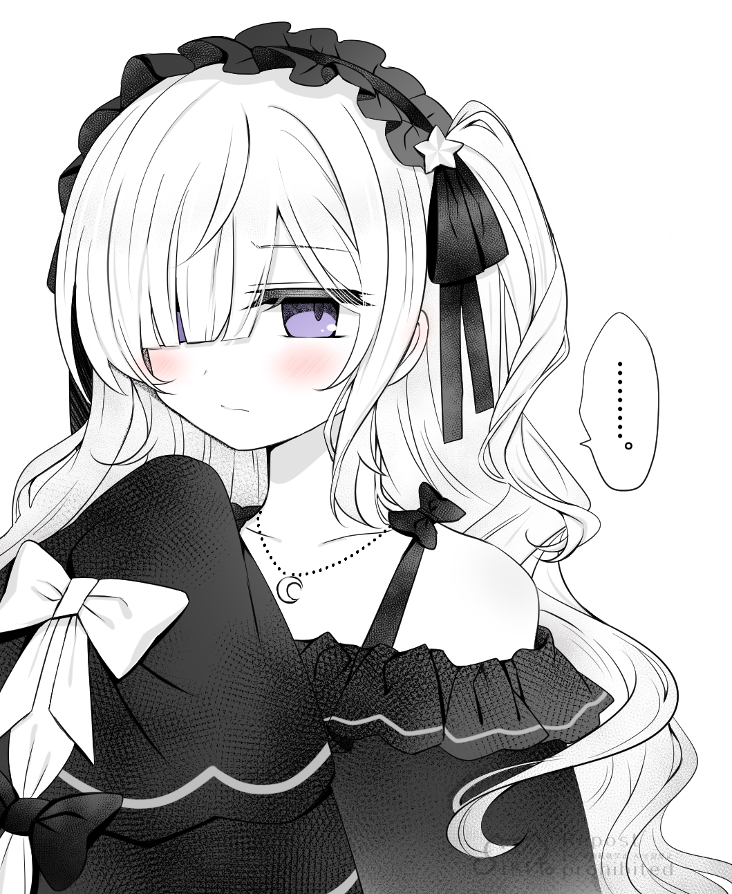 ..., 1girl, bare_shoulders, blush, closed_mouth, commentary_request, crescent, crescent_necklace